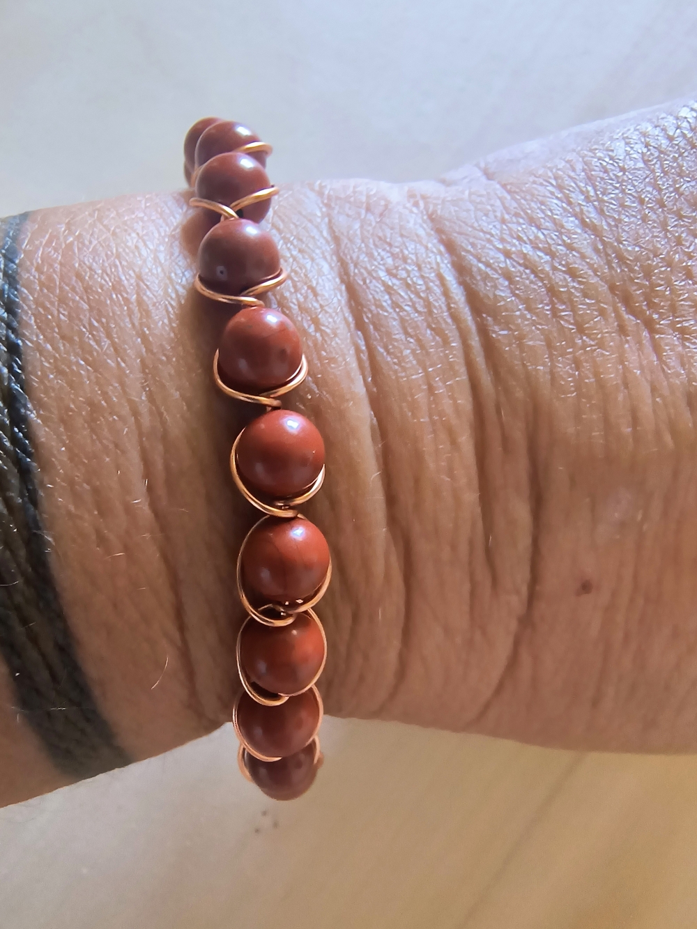 Hand Crafted Brown Jasper Bead Bracelet with Copper Wire